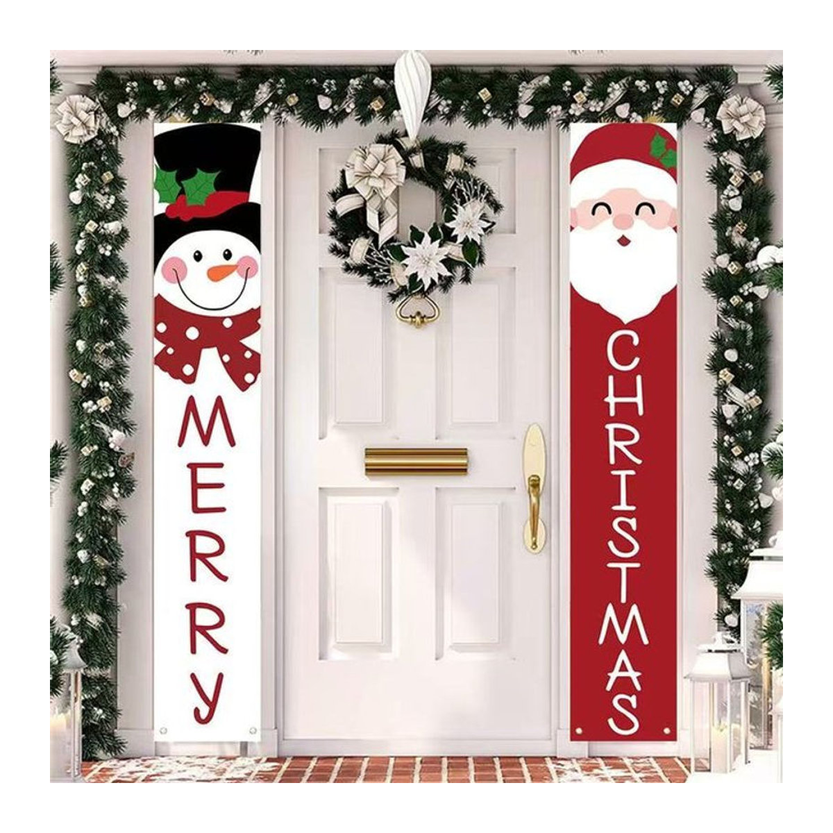 Runtowo 2 Stück Weihnachtsmann und Schneemann Türbanner aus Textil, mehrfarbig, B: 30 cm, H: 180 cm - Bild 1
