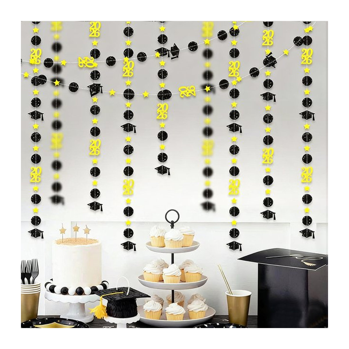 Runtowo Glitzerpapier Girlande für die Abschlussfeier in Schwarz-Gold, 2 m hängende Wimpel-Dekoration - Bild 1