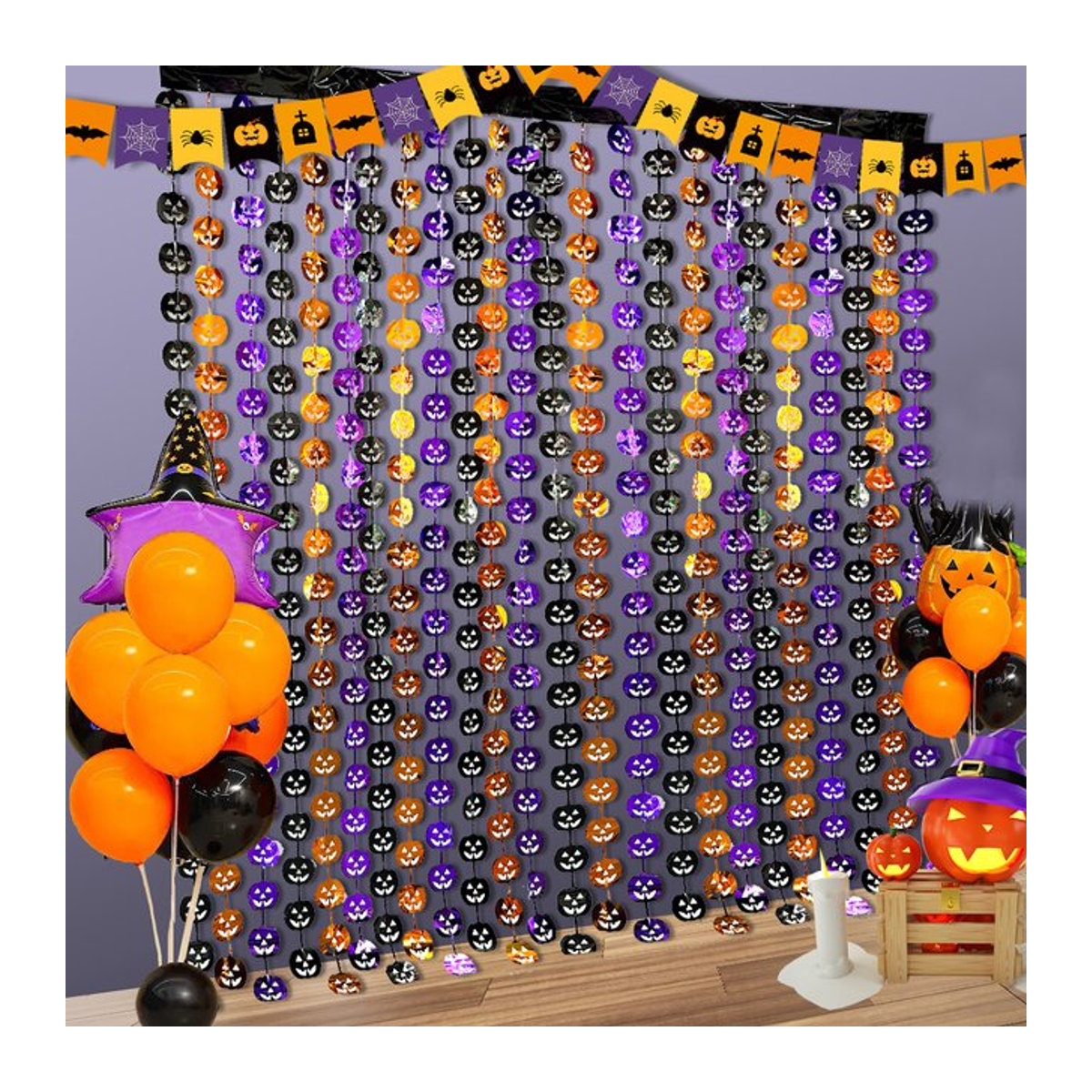 Runtowo Halloween Folien-Fransen Hintergrund mit Kürbis, Fledermaus und Spinne in Orange, B x H: 200 x 100 cm - Bild 1