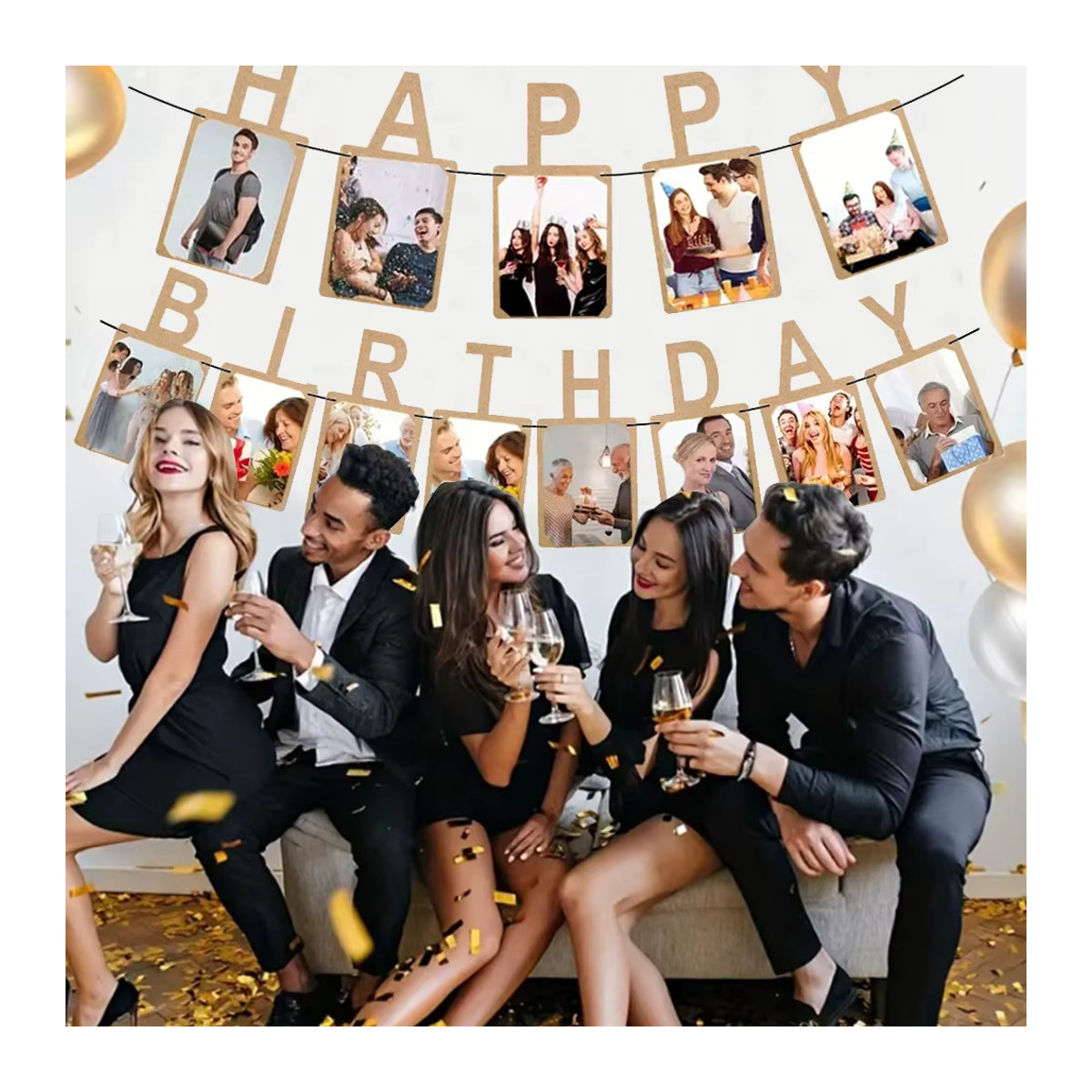 Runtowo Happy Birthday Fotobanner aus Papier in Beige als hängende Geburtstagsparty-Dekoration - Bild 2
