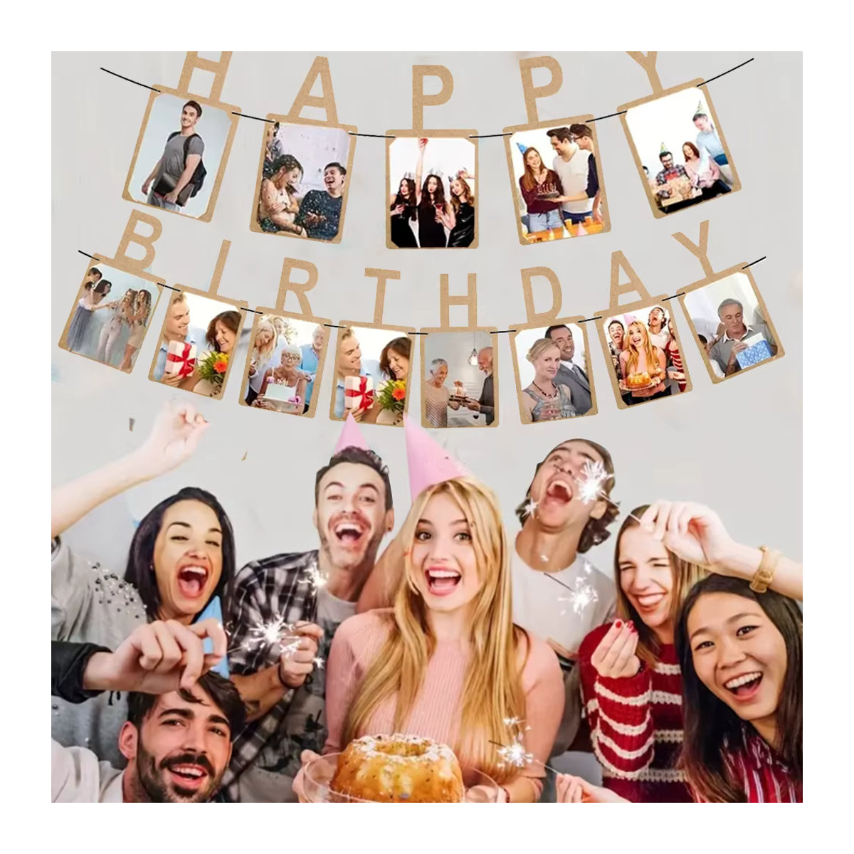 Runtowo Happy Birthday Fotobanner aus Papier in Beige als hängende Geburtstagsparty-Dekoration - Bild 4
