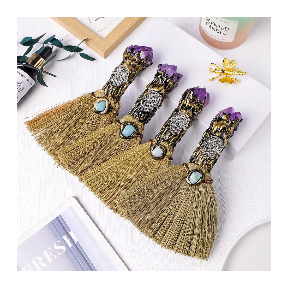 Runyangshi Amethyst Kristall Besen aus Naturstein und Textil in Lila und Braun im Bohemian Stil - Bild 4