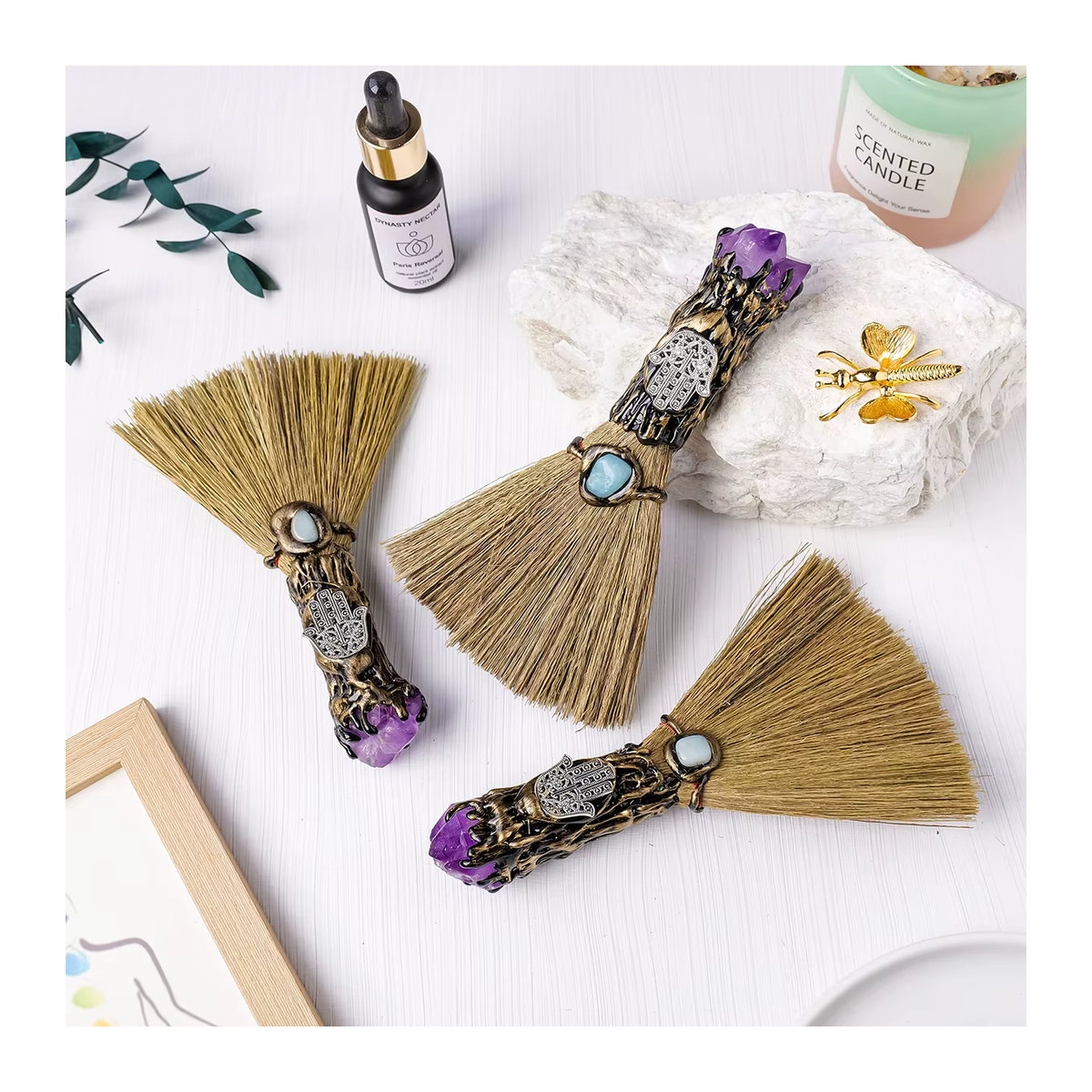 Runyangshi Amethyst Kristall Besen aus Naturstein und Textil in Lila und Braun im Bohemian Stil - Bild 5