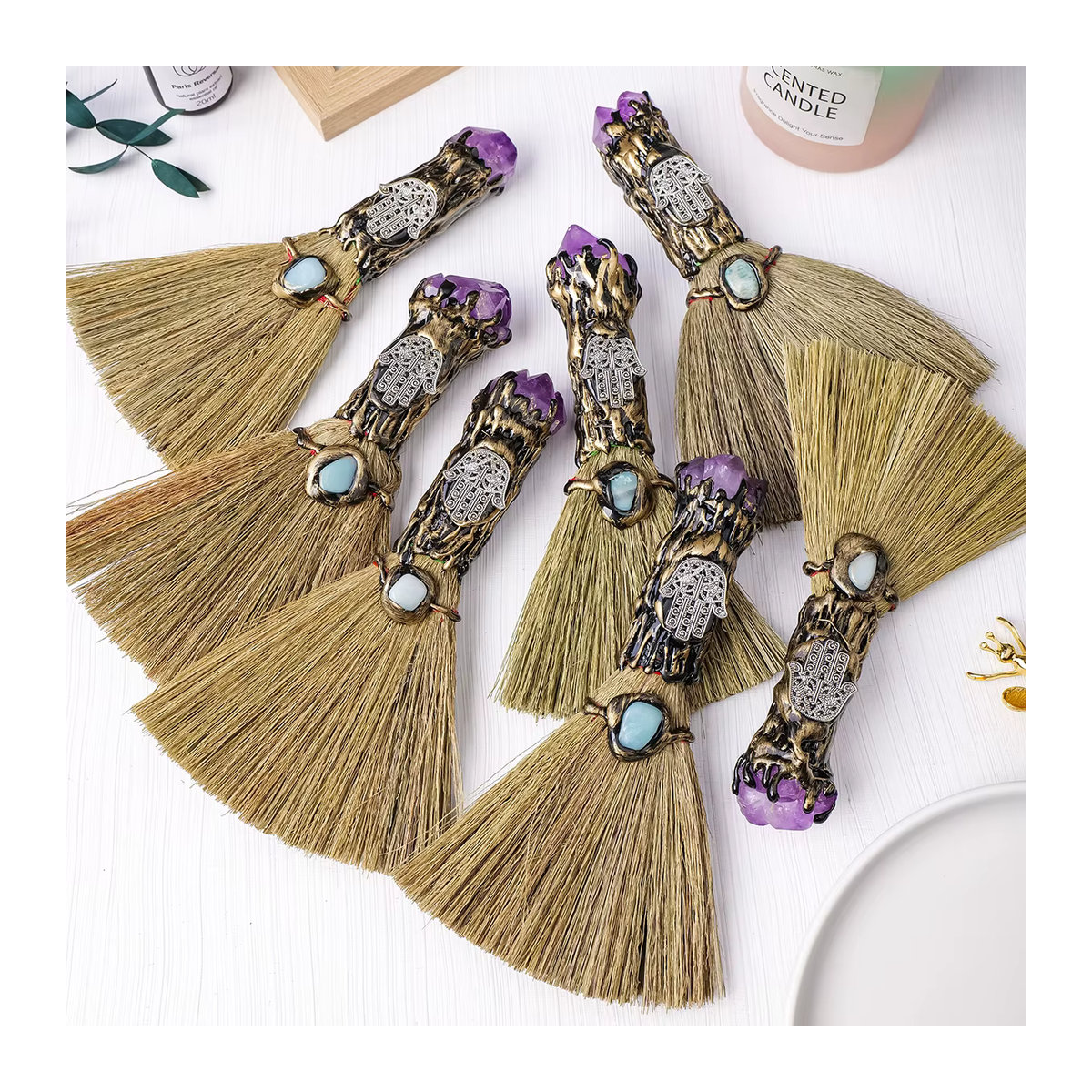 Runyangshi Amethyst Kristall Besen aus Naturstein und Textil in Lila und Braun im Bohemian Stil - Bild 6