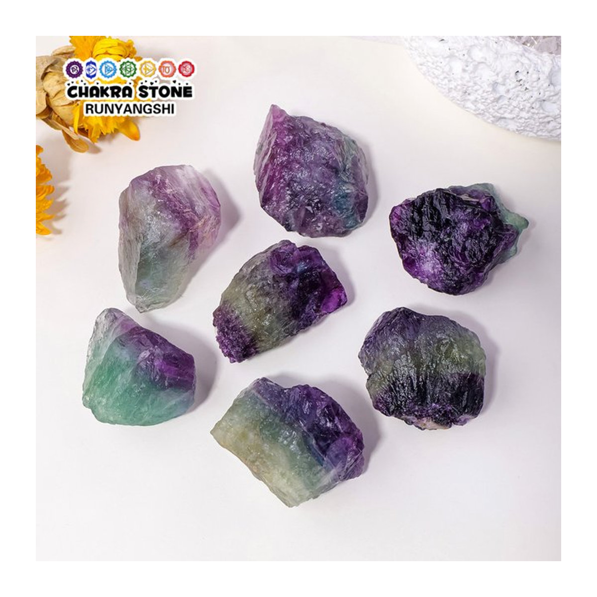 Runyangshi Fluorit Rohmineralien in mehrfarbiger Naturoptik als dekorative Kristalle in unregelmäßiger Form - Bild 1