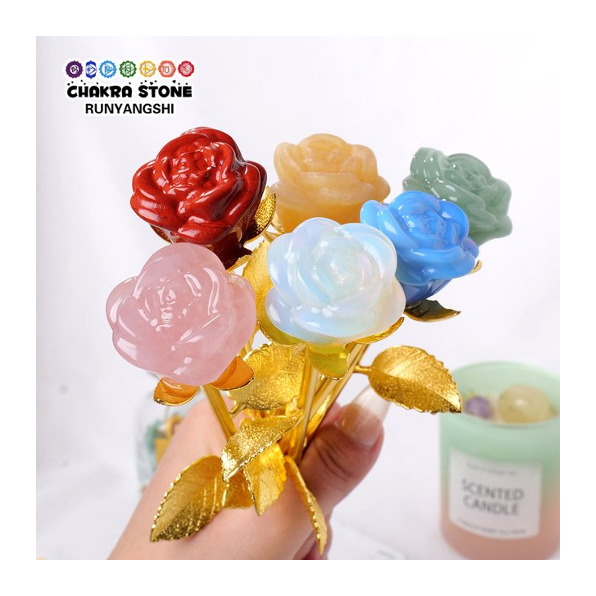 Runyangshi Handgemachte Kristall Rose aus Naturstein in Rosa und Mehrfarbig als Dekorationsobjekt und Geschenk - Bild 1