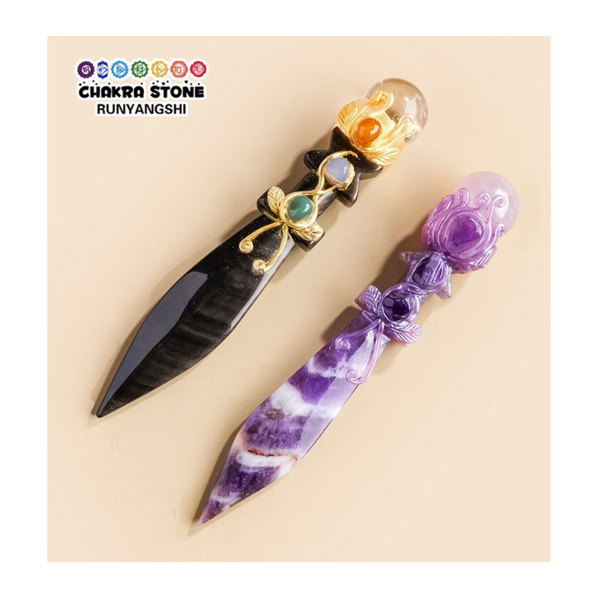 Runyangshi Handgeschnitztes Obsidian Chevron Amethyst Kristallmesser Athame in Schwarz und Lila zur Altar-Dekoration - Bild 1