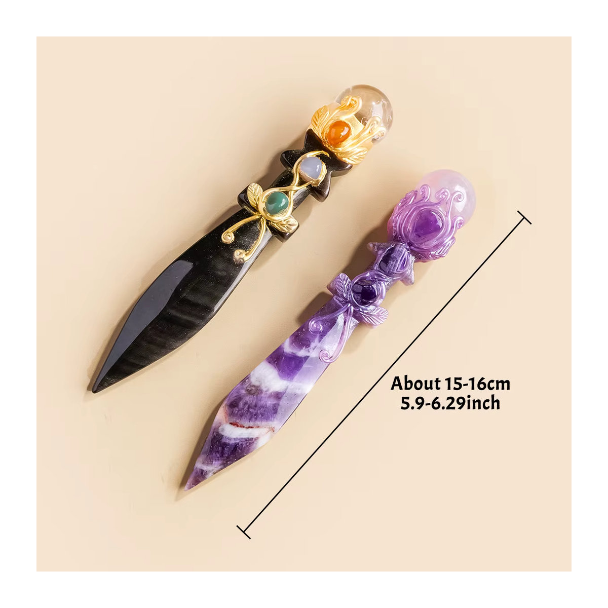 Runyangshi Handgeschnitztes Obsidian Chevron Amethyst Kristallmesser Athame in Schwarz und Lila zur Altar-Dekoration - Bild 2