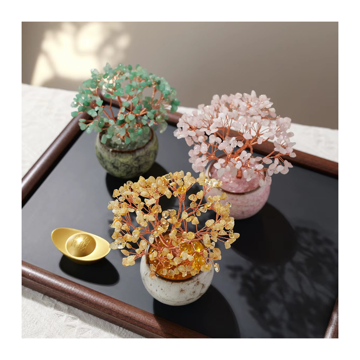 Runyangshi Kristallbaum aus Amethyst, Citrin und Quarz in den Farben Lila, Gelb und Rosa als dekoratives Schalen-Ornament im Bohemian-Stil - Bild 1