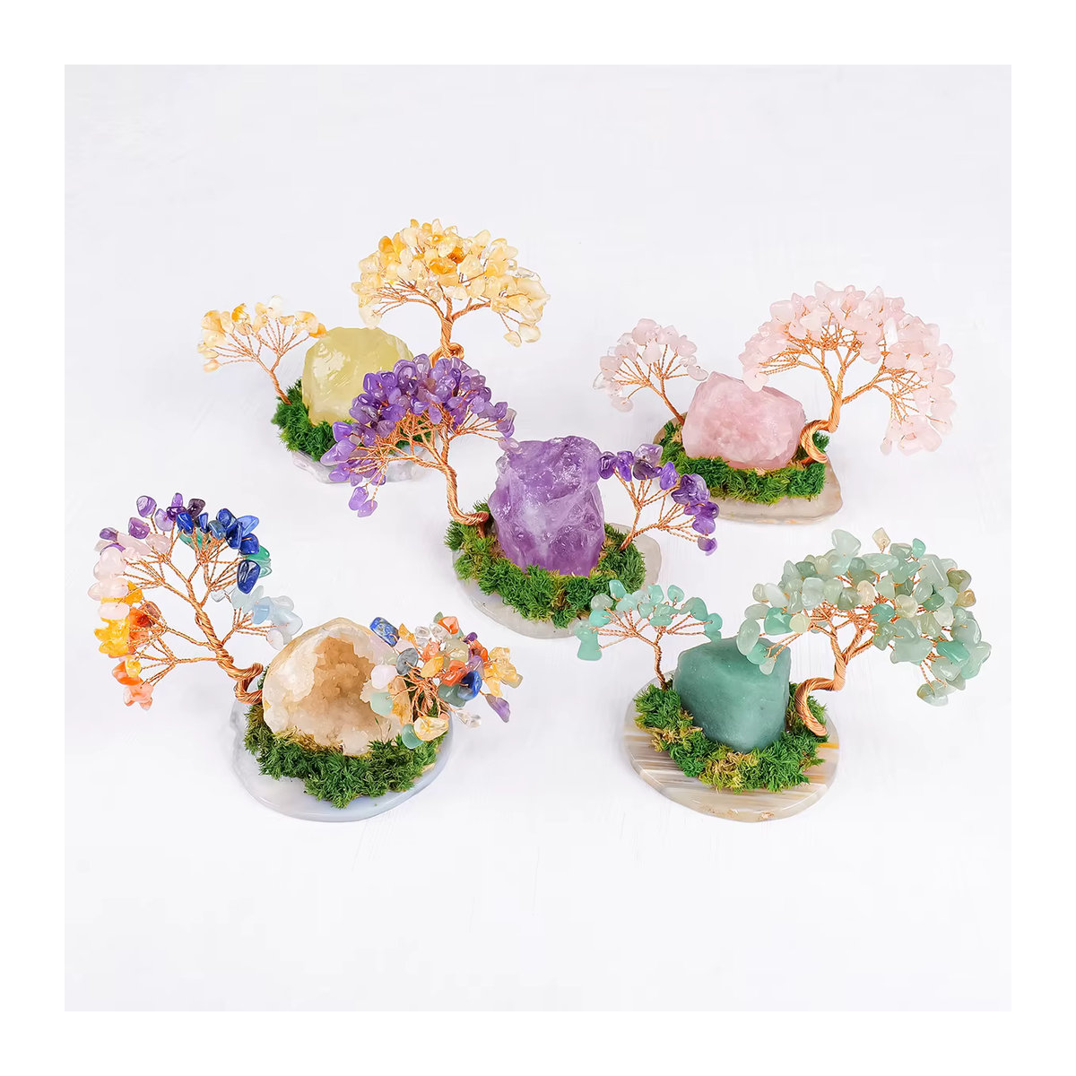 Runyangshi Kristallbaum aus Amethyst, Rosenquarz und Achat mit Blattbasis in Lila, Rosa und Mehrfarbig für dein Home Decor - Bild 2