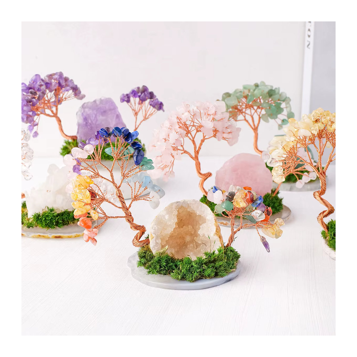 Runyangshi Kristallbaum aus Amethyst, Rosenquarz und Achat mit Blattbasis in Lila, Rosa und Mehrfarbig für dein Home Decor - Bild 3
