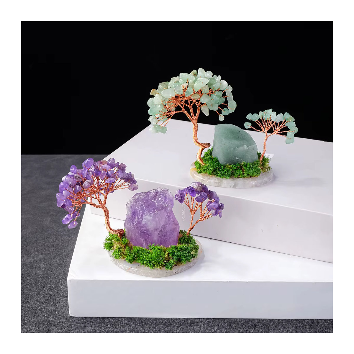 Runyangshi Kristallbaum aus Amethyst, Rosenquarz und Achat mit Blattbasis in Lila, Rosa und Mehrfarbig für dein Home Decor - Bild 4