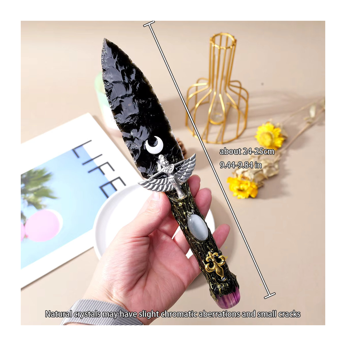 Runyangshi Obsidian Dolch aus Naturkristall in Schwarz und Silber als dekoratives Steinmodell - Bild 2