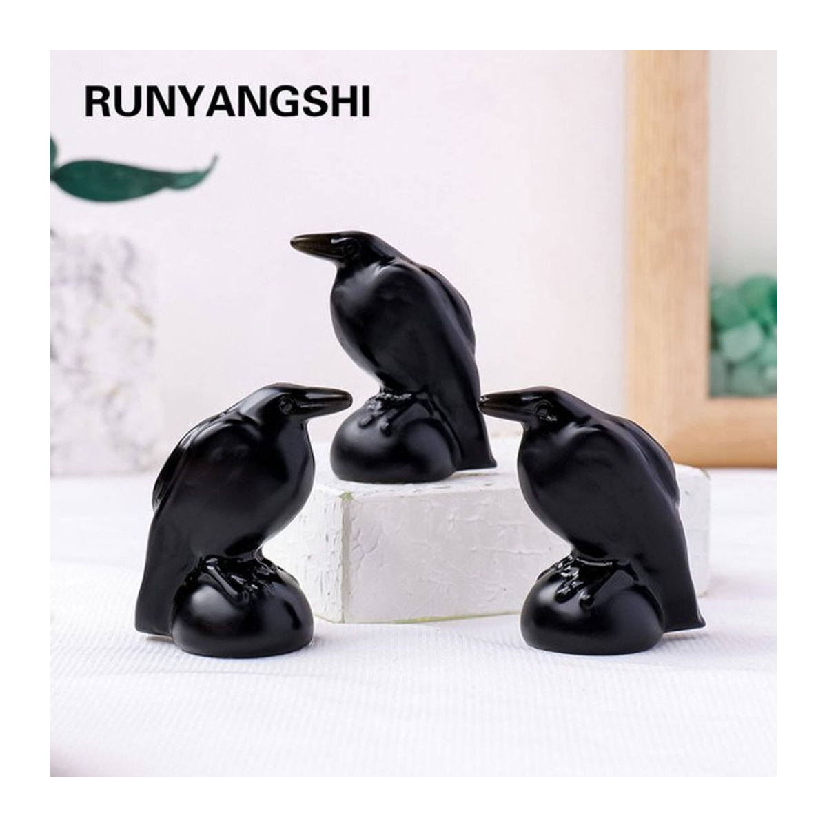 Runyangshi Obsidian Krähe Figur aus natürlichem Edelstein in Schwarz als Kristall Handwerk und Halloween Dekoration - Bild 1