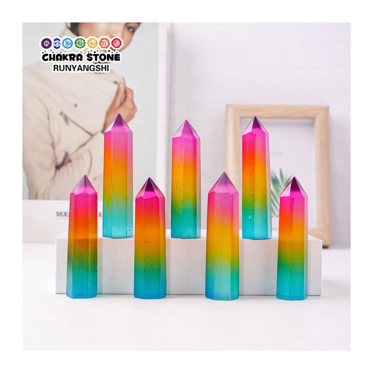 Runyangshi Selenit Kristall Turm in sechseckiger Prisma-Form, mehrfarbig, geometrisches Naturstein-Dekorobjekt - Bild 1