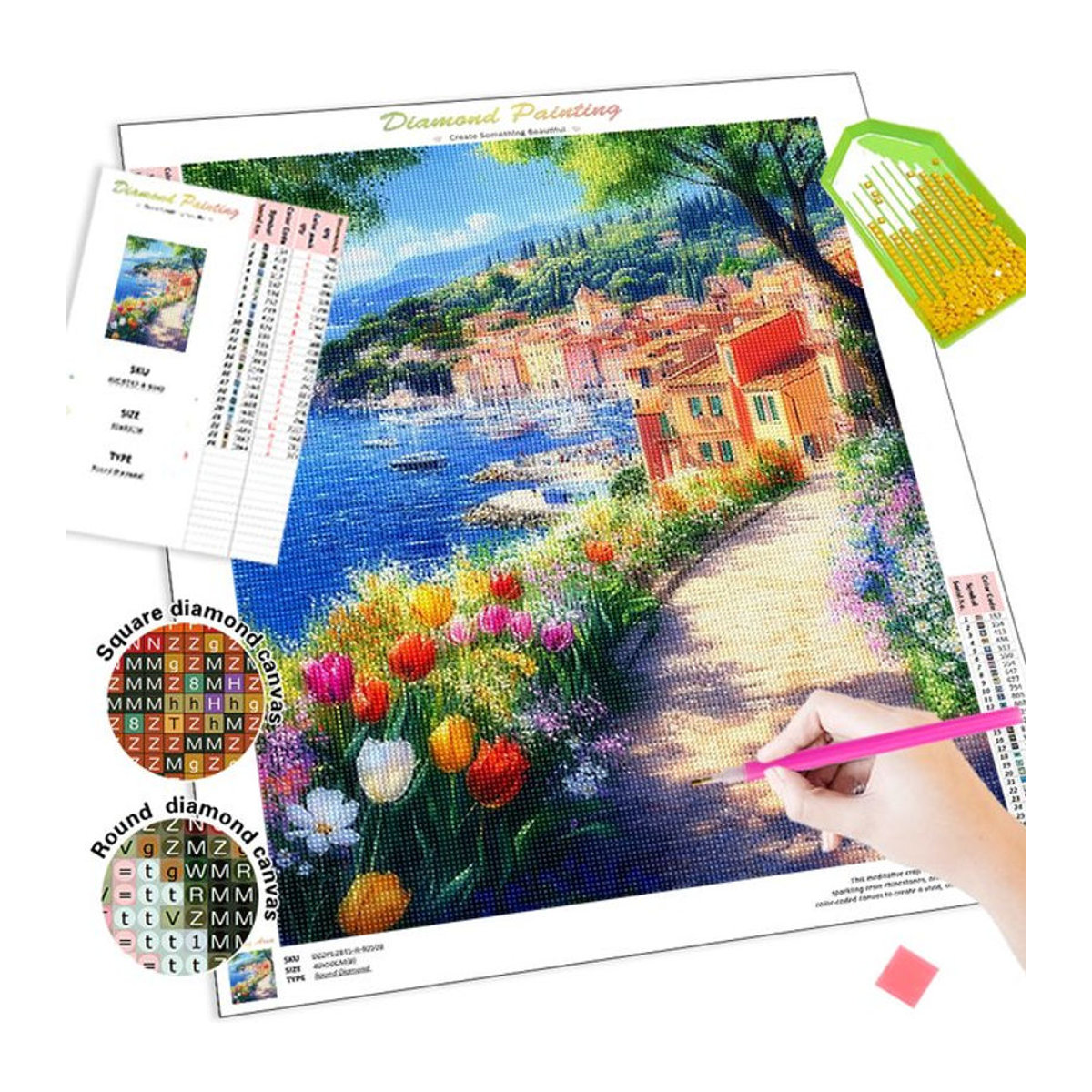 RUOPOTY Diamant-Malerei-Set Blumen am Meer für Erwachsene, 5D Diamant-Kunst-Set mit runden Steinen in Mehrfarbig - Bild 1