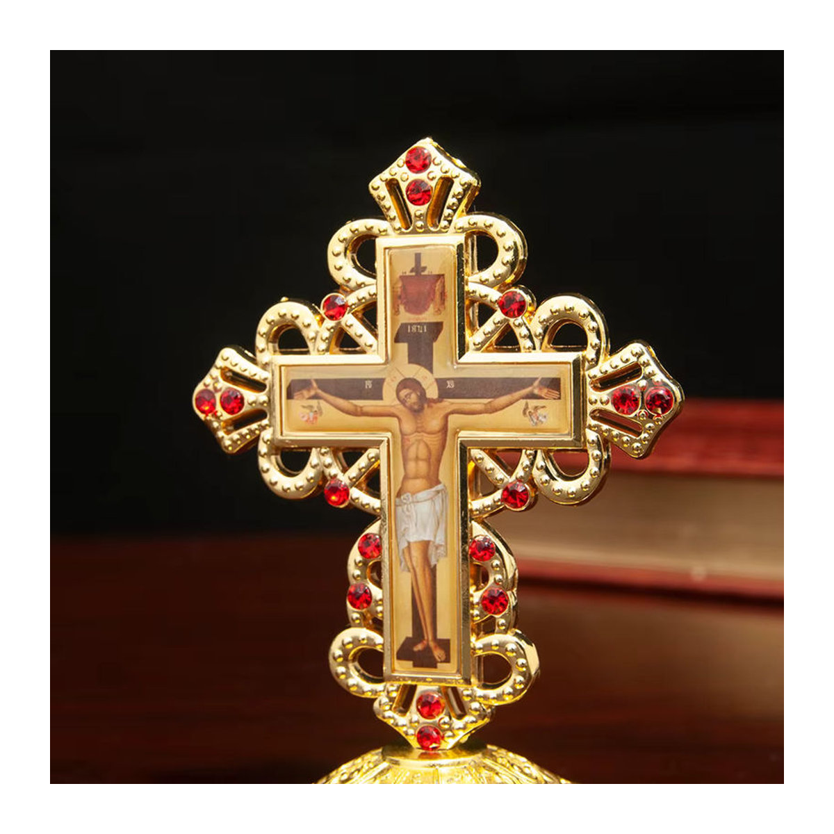 Russisches orthodoxes Metallkruzifix in Gold, stehendes christliches Kreuz für Dekoration und Zeremonien - Bild 2