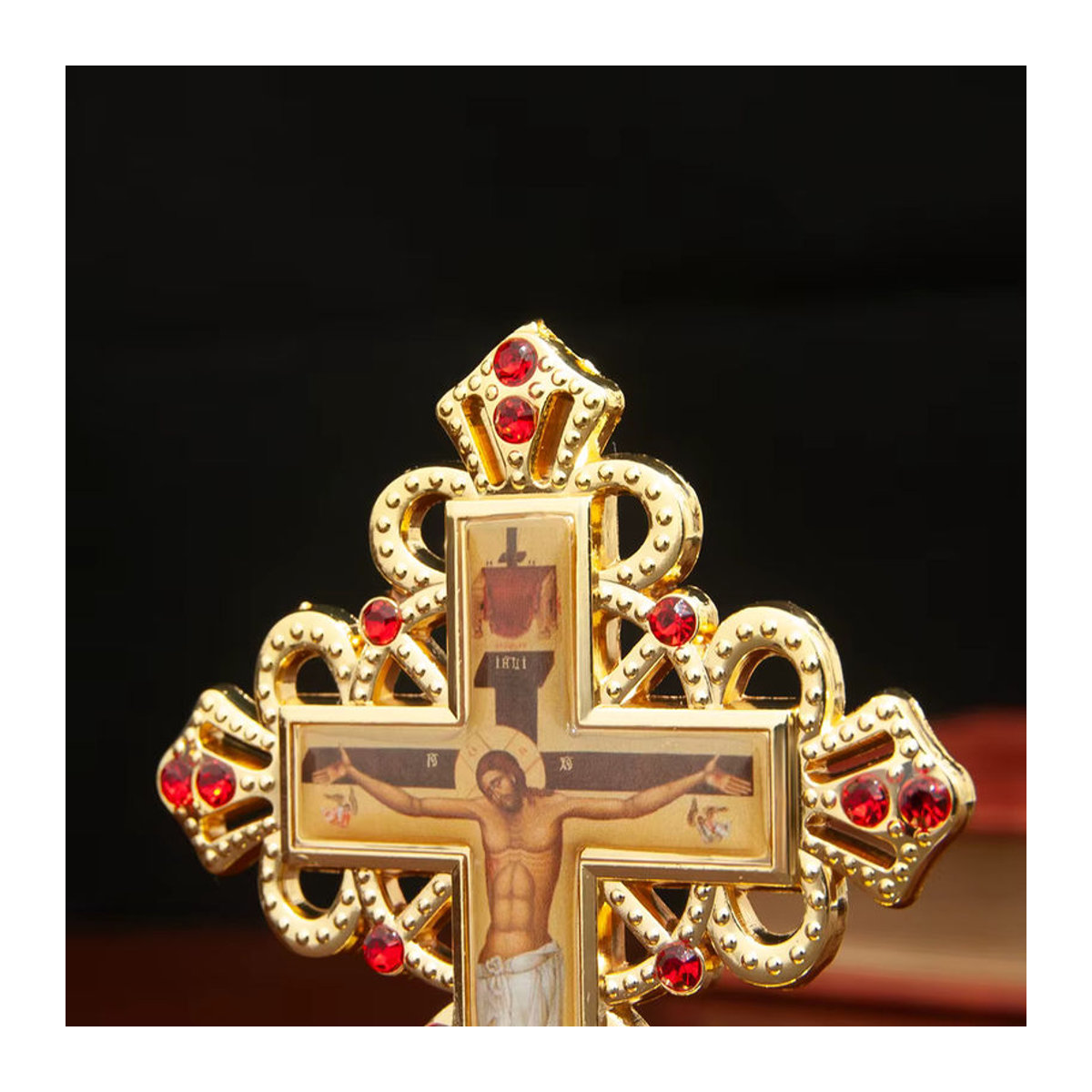 Russisches orthodoxes Metallkruzifix in Gold, stehendes christliches Kreuz für Dekoration und Zeremonien - Bild 3