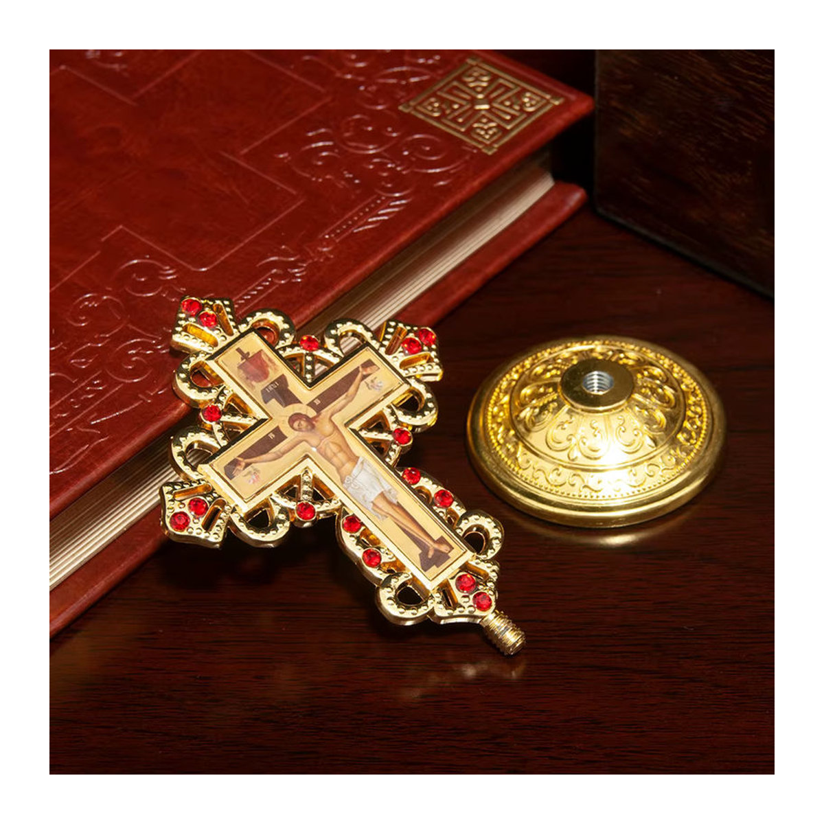 Russisches orthodoxes Metallkruzifix in Gold, stehendes christliches Kreuz für Dekoration und Zeremonien - Bild 4
