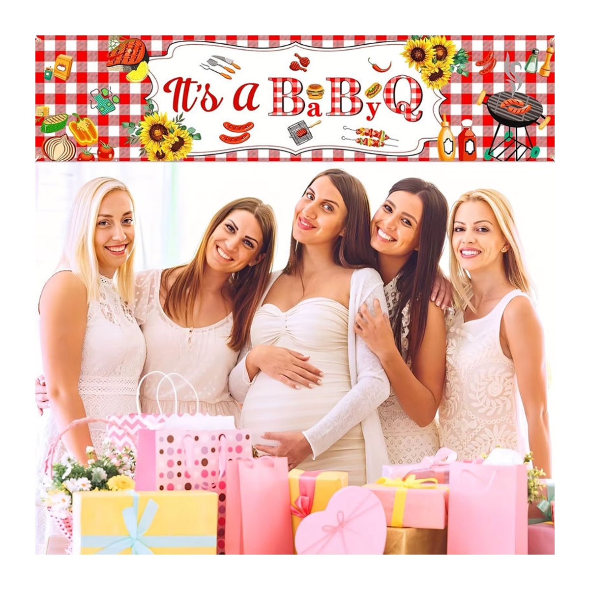 Rustikale Baby Q Party Dekoration mit Sonnenblumen und Wimpeln in Mehrfarbig - Bild 4