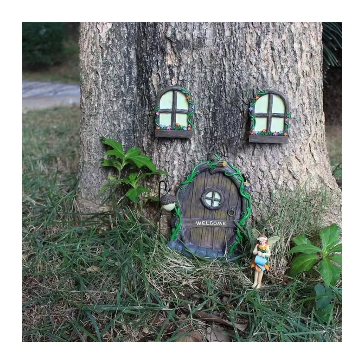 Rustikale Gartendekoration Feenzwerg mit Blumen aus Kunstharz, mehrfarbiger hängender Miniatur-Feengarten für Fenster und Tür - Bild 2