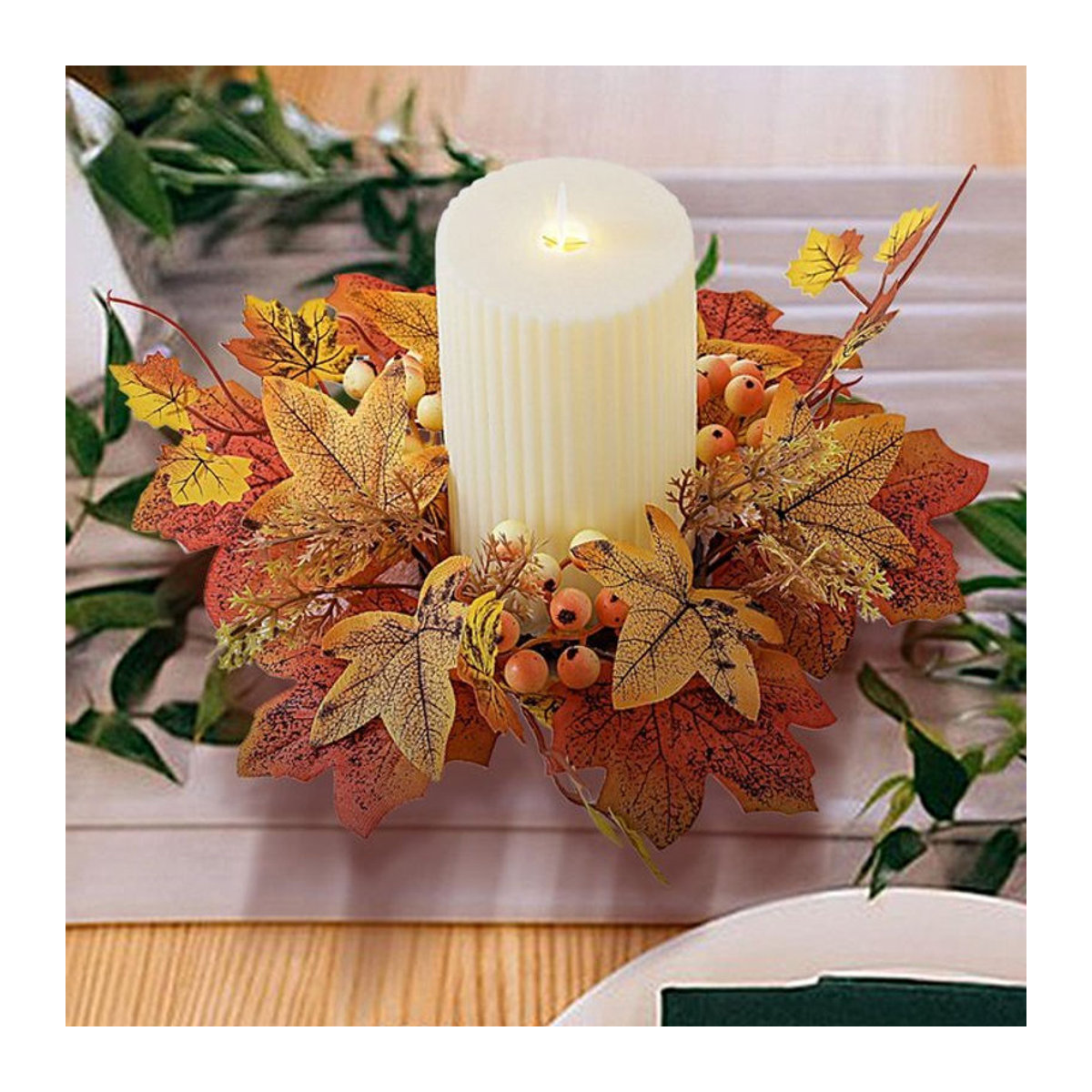Rustikaler Herbst Kerzenring mit künstlicher Girlande als Tischdekoration für Thanksgiving und Partys, mehrfarbig - Bild 1