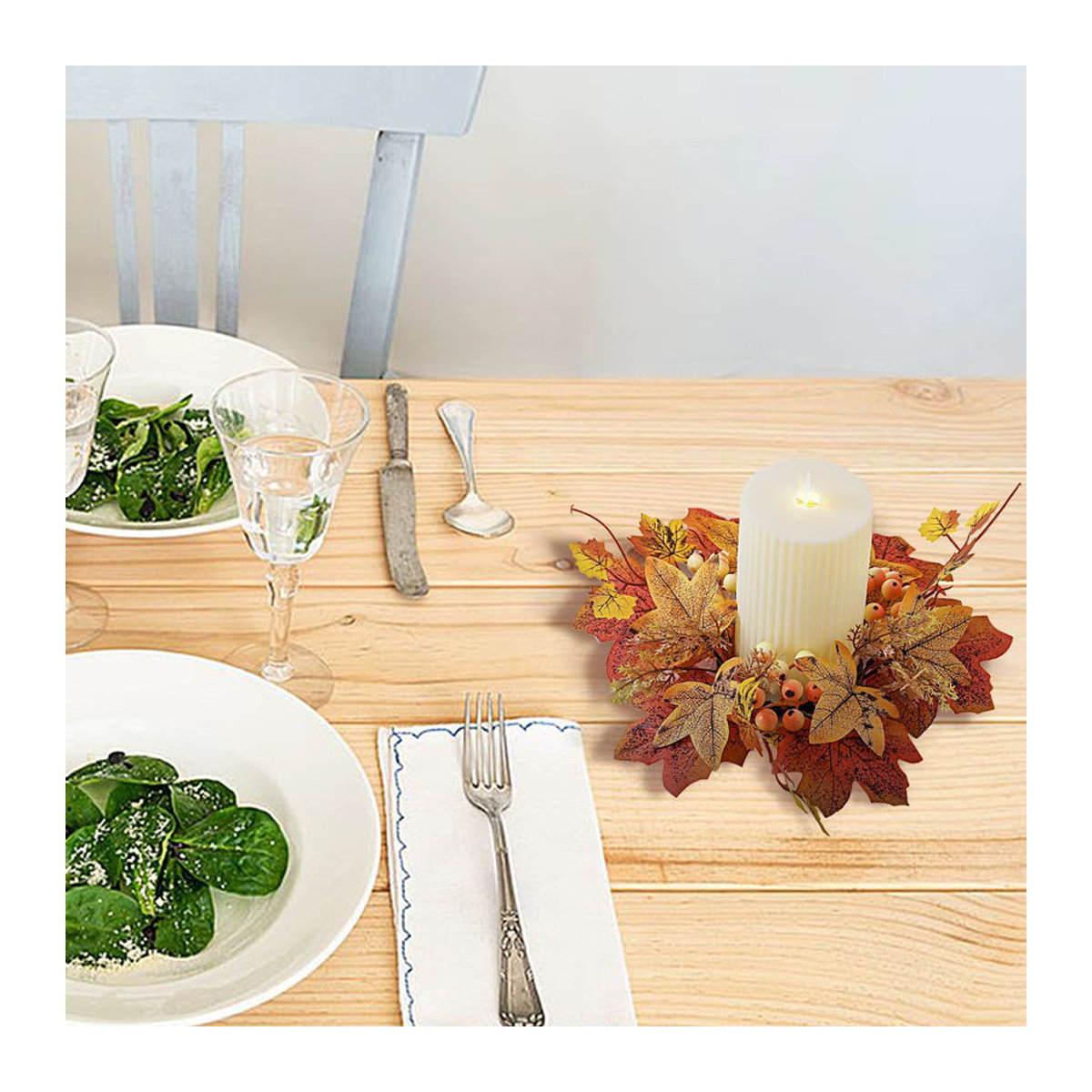 Rustikaler Herbst Kerzenring mit künstlicher Girlande als Tischdekoration für Thanksgiving und Partys, mehrfarbig - Bild 2