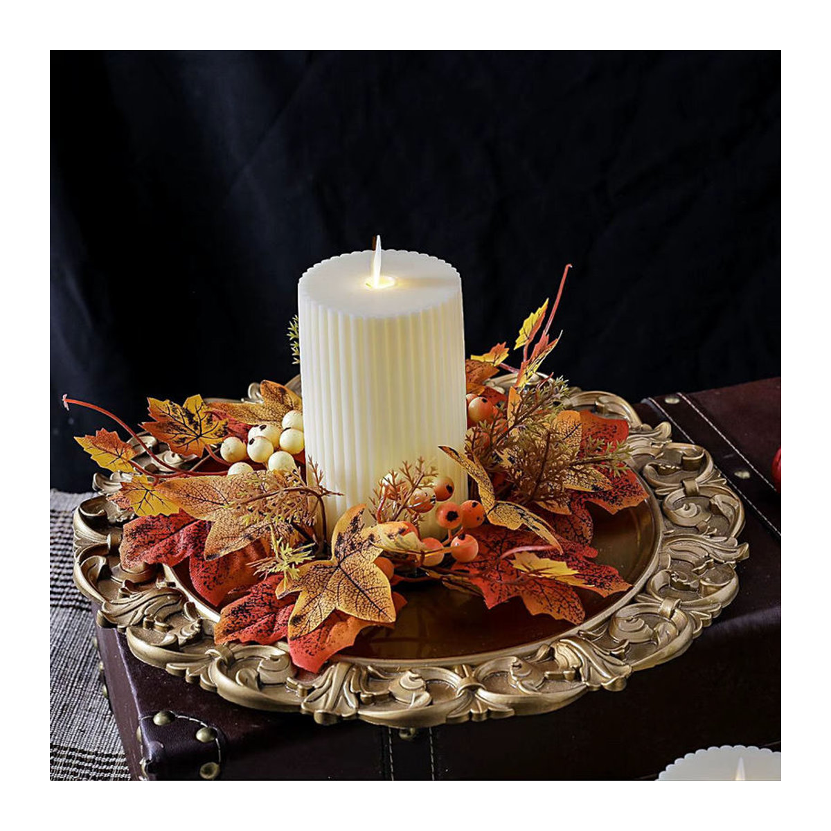 Rustikaler Herbst Kerzenring mit künstlicher Girlande als Tischdekoration für Thanksgiving und Partys, mehrfarbig - Bild 3