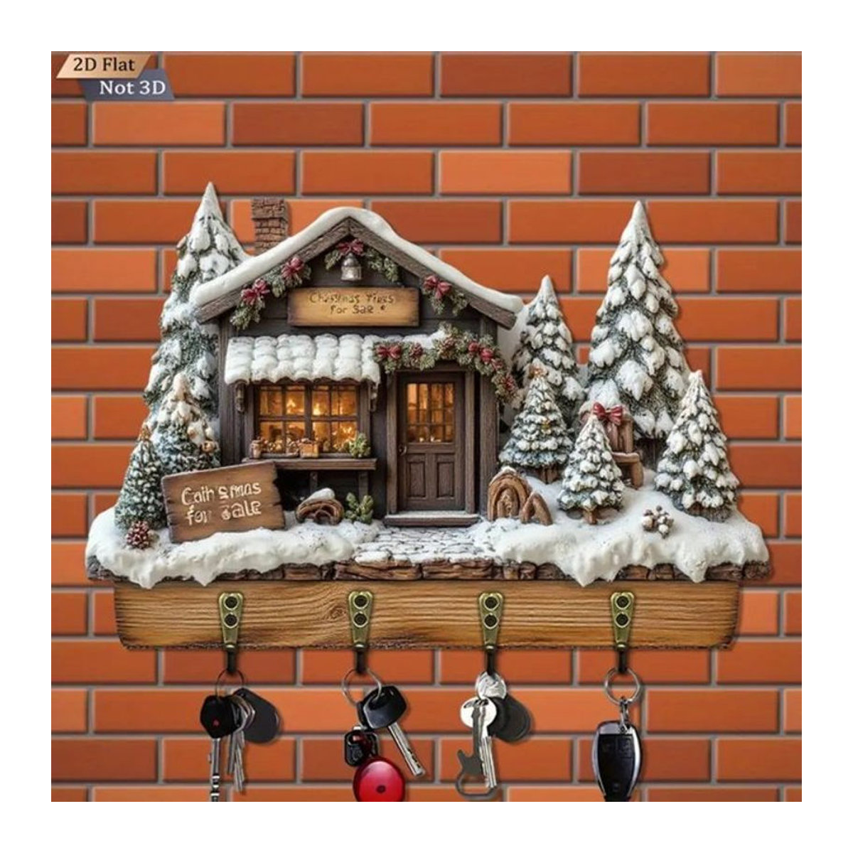 Rustikaler Schlüsselrahmen aus Holz in Eishausform mit vier Metallhaken für die Weihnachtsdekoration in Weiß und Braun - Bild 1