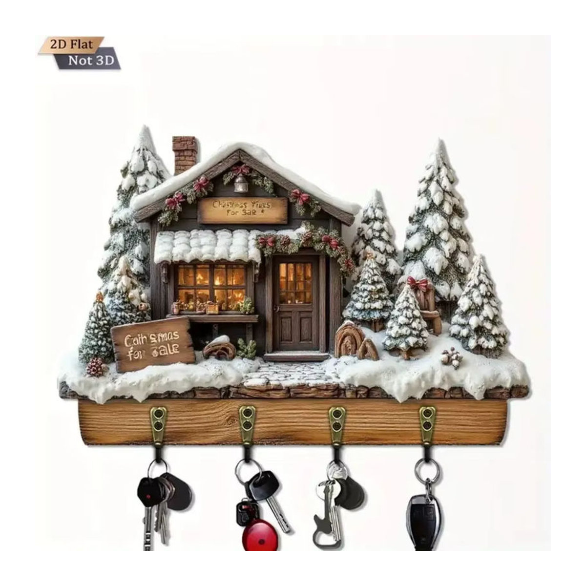 Rustikaler Schlüsselrahmen aus Holz in Eishausform mit vier Metallhaken für die Weihnachtsdekoration in Weiß und Braun - Bild 2