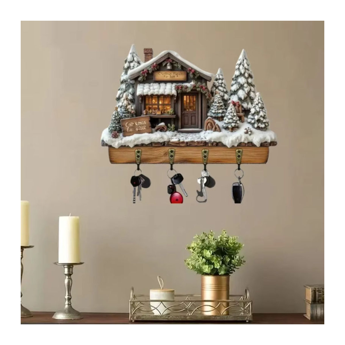 Rustikaler Schlüsselrahmen aus Holz in Eishausform mit vier Metallhaken für die Weihnachtsdekoration in Weiß und Braun - Bild 4