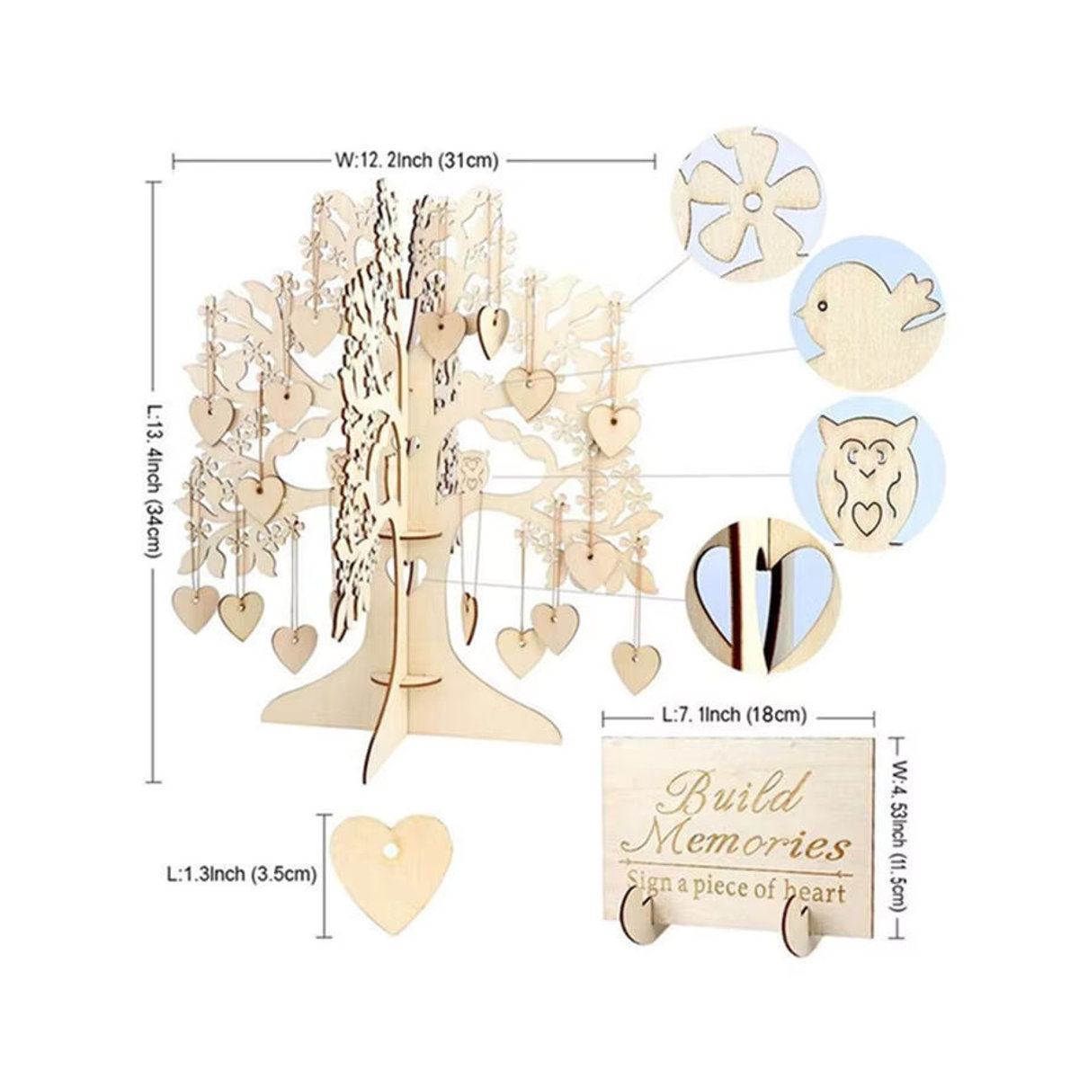 Rustikaler Wunschbaum aus Holz in Beige als Hochzeits-Gästebuch mit Herz-Anhängern und Schnur zur Dekoration - Bild 2