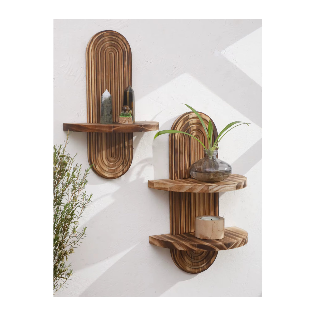Rustikales Boho Wandregal aus Holz in ovaler Geometrie, Wandregal für Pflanzen und Heimdekor, Schwarz oder Natur - Bild 2