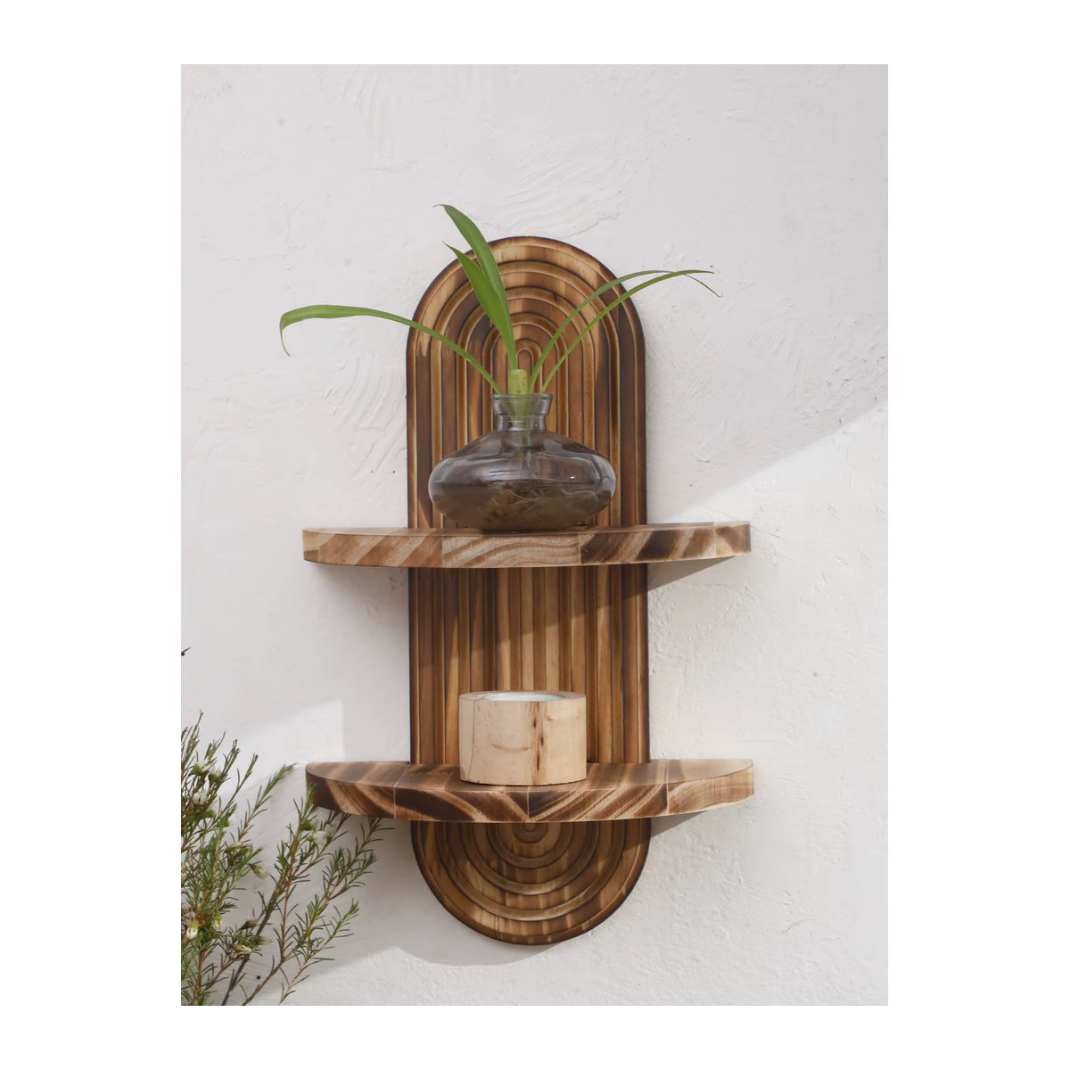 Rustikales Boho Wandregal aus Holz in ovaler Geometrie, Wandregal für Pflanzen und Heimdekor, Schwarz oder Natur - Bild 3