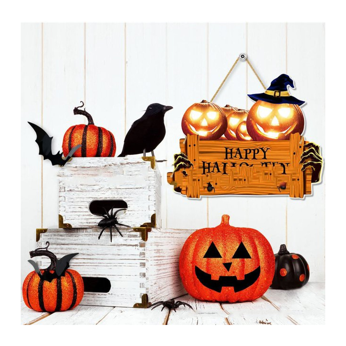 Rustikales Happy Halloween Holzschild mit orangefarbenem Kürbis und Hut zur Wanddekoration - Bild 1