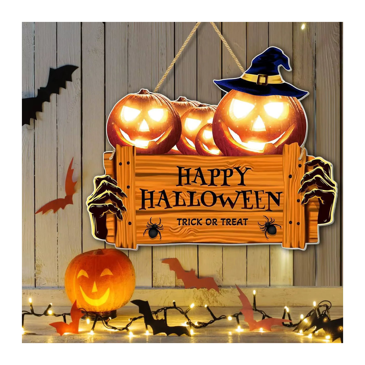 Rustikales Happy Halloween Holzschild mit orangefarbenem Kürbis und Hut zur Wanddekoration - Bild 2