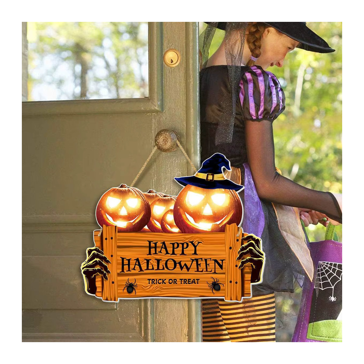 Rustikales Happy Halloween Holzschild mit orangefarbenem Kürbis und Hut zur Wanddekoration - Bild 3