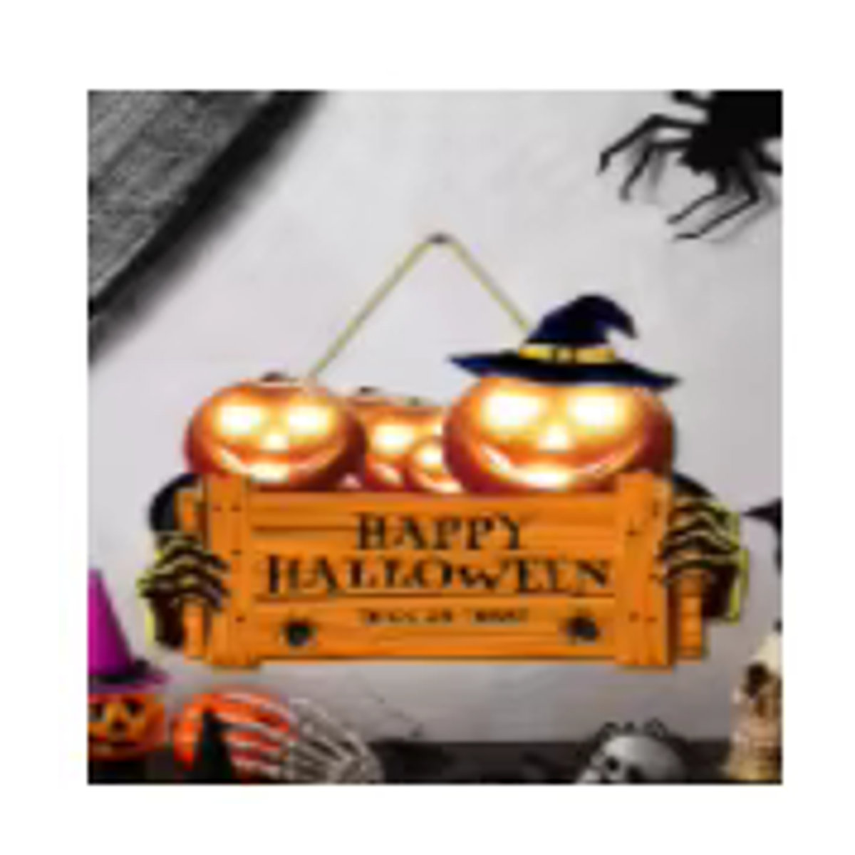 Rustikales Happy Halloween Holzschild mit orangefarbenem Kürbis und Hut zur Wanddekoration - Bild 4