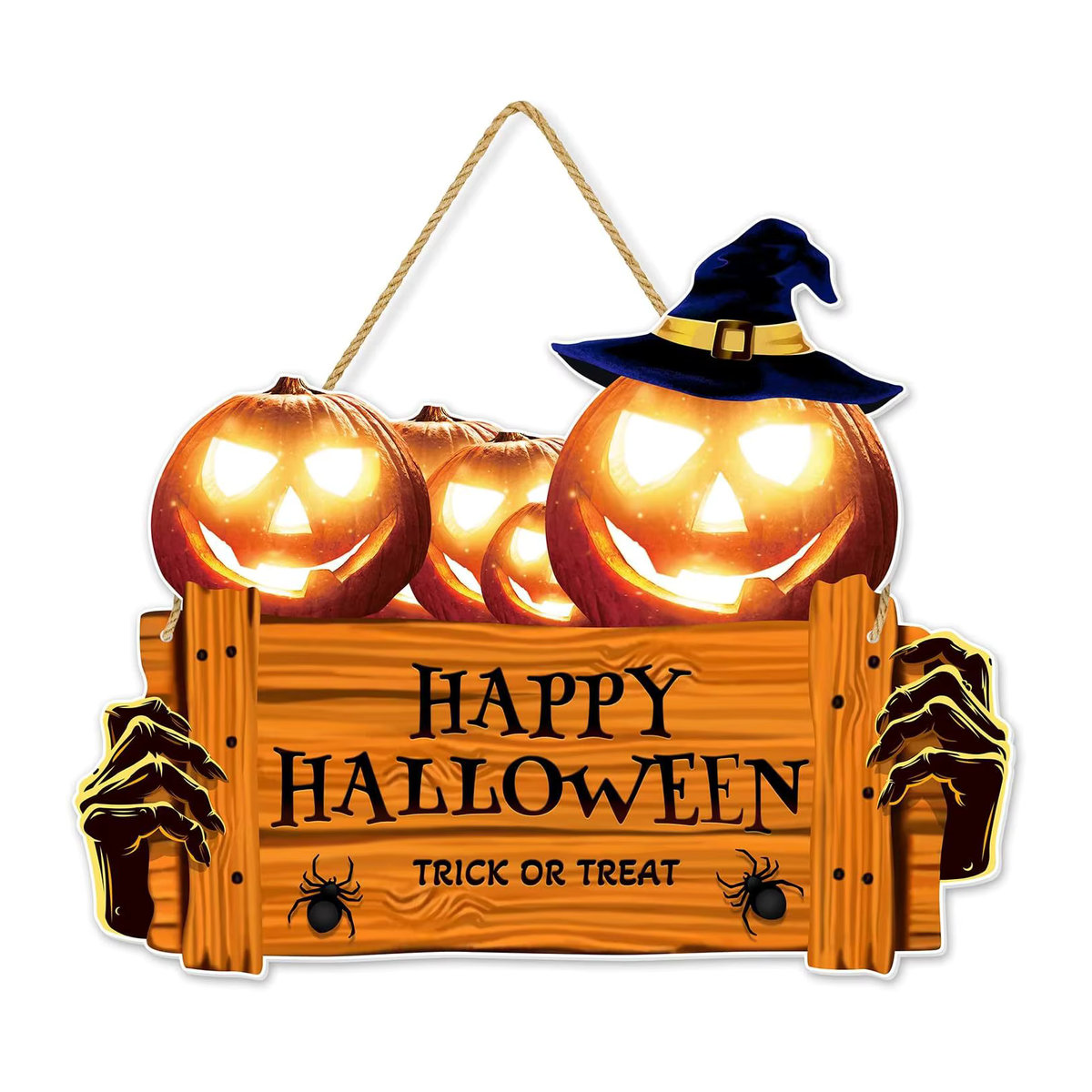 Rustikales Happy Halloween Holzschild mit orangefarbenem Kürbis und Hut zur Wanddekoration - Bild 5