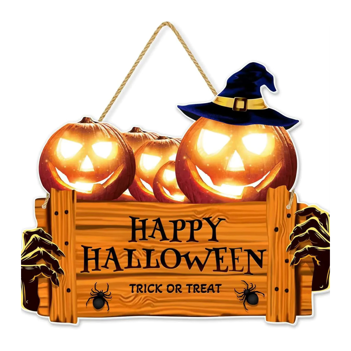 Rustikales Happy Halloween Holzschild mit orangefarbenem Kürbis und Hut zur Wanddekoration - Bild 7