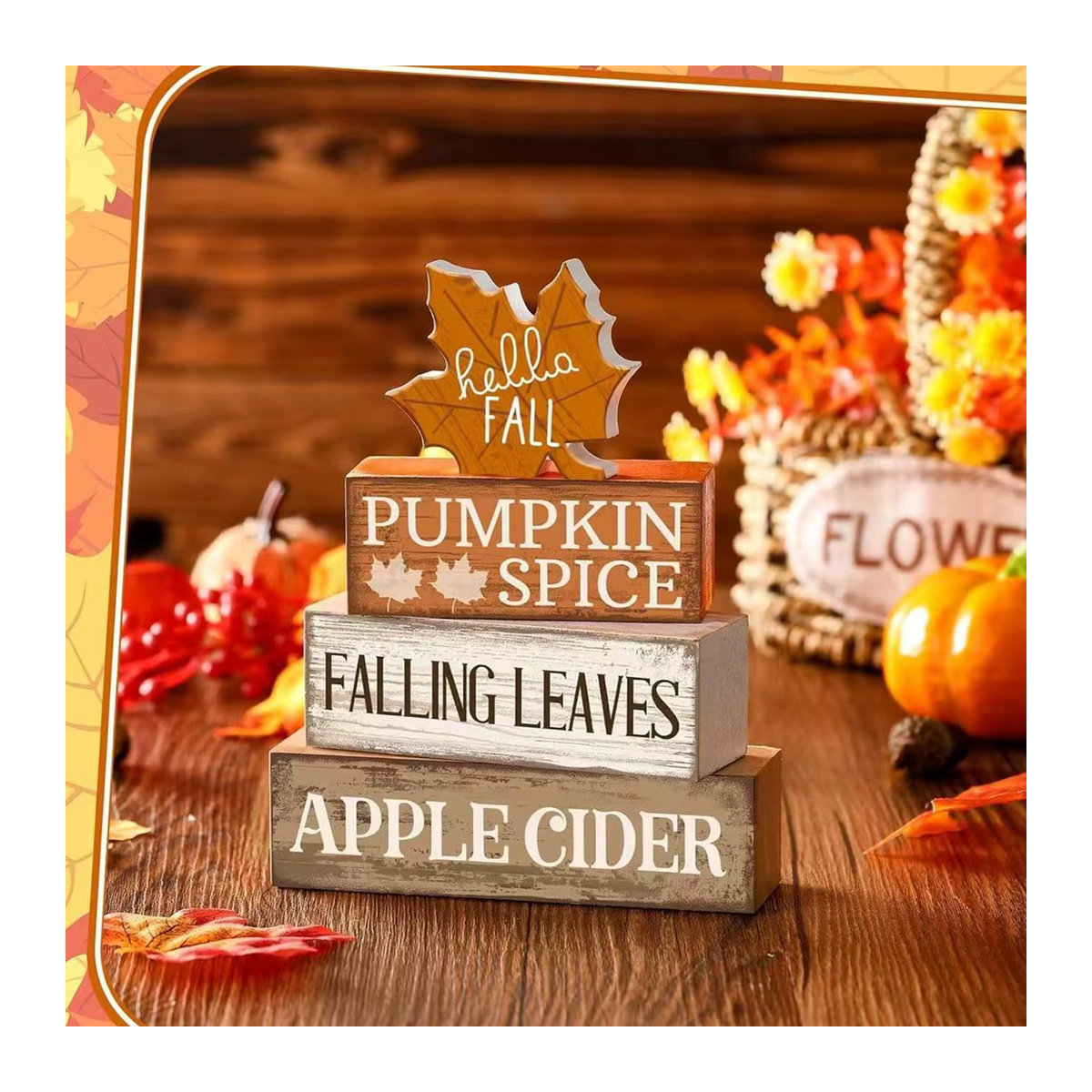 Rustikales Holztablett aus Ahorn in Gelb und Braun, rechteckige Tischdekoration für Herbst und Thanksgiving - Bild 3