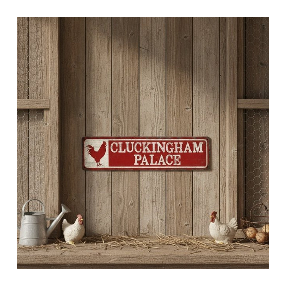 Rustikales Metall-Blechschild Cluckingham Palace Hahn in Rot für die Wandmontage, B/H: 40 x 40 cm - Bild 1