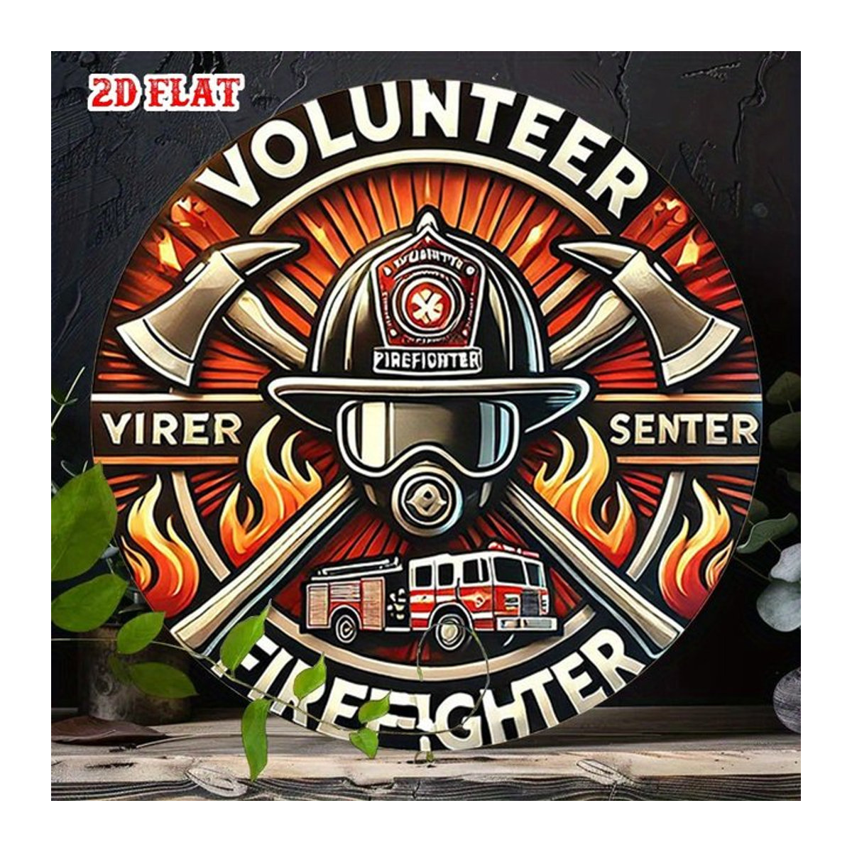 Rustikales Metall-Blechschild Feuerhelm mit Flammen und Feuerwehrauto-Design, rund, Durchmesser: 20 cm - Bild 1