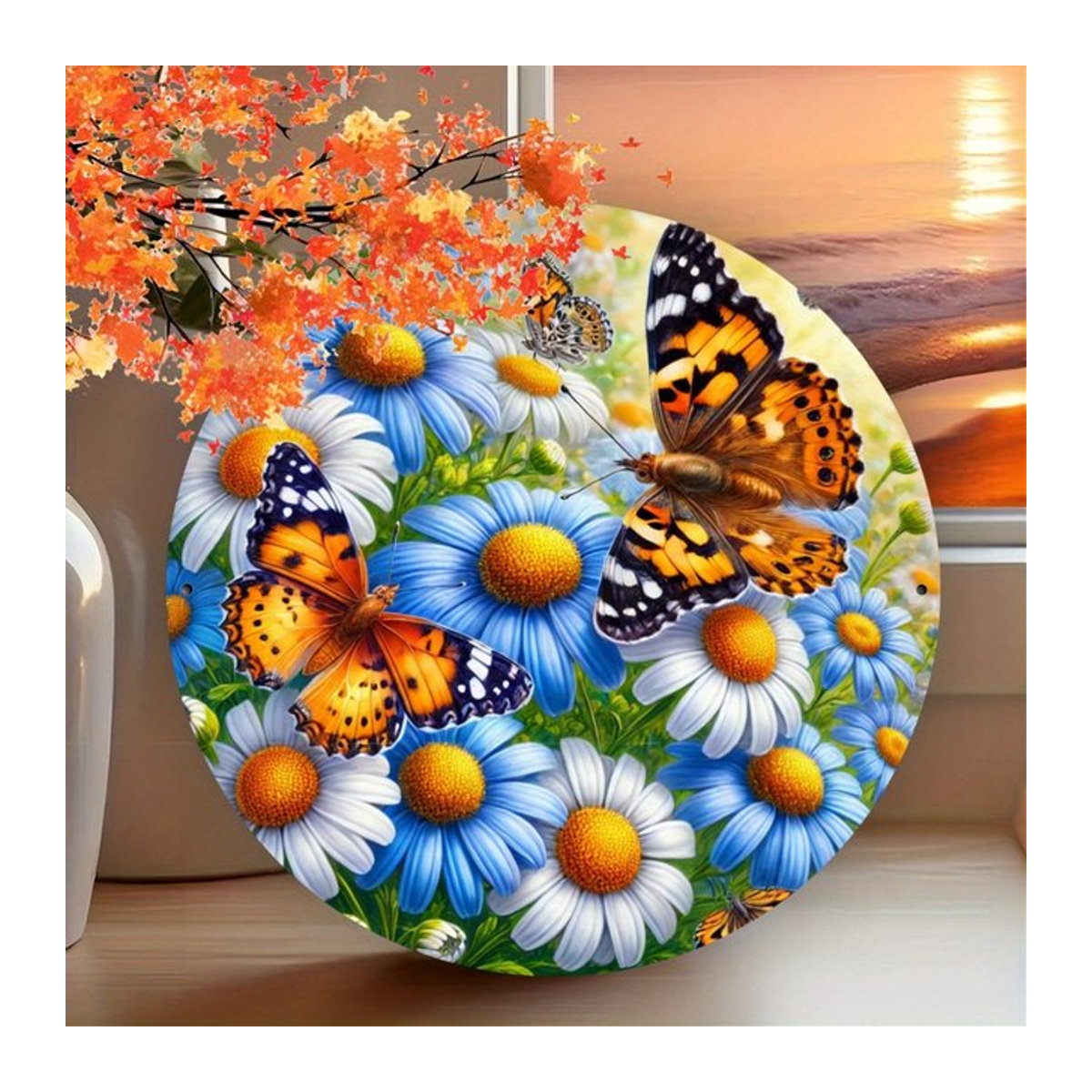 Rustikales Metall-Wandschild von Potdemiel mit Gänseblümchen und Schmetterlingen, rundes Wanddekor aus Eisen in Mehrfarbig, Durchmesser: 20 cm - Bild 1