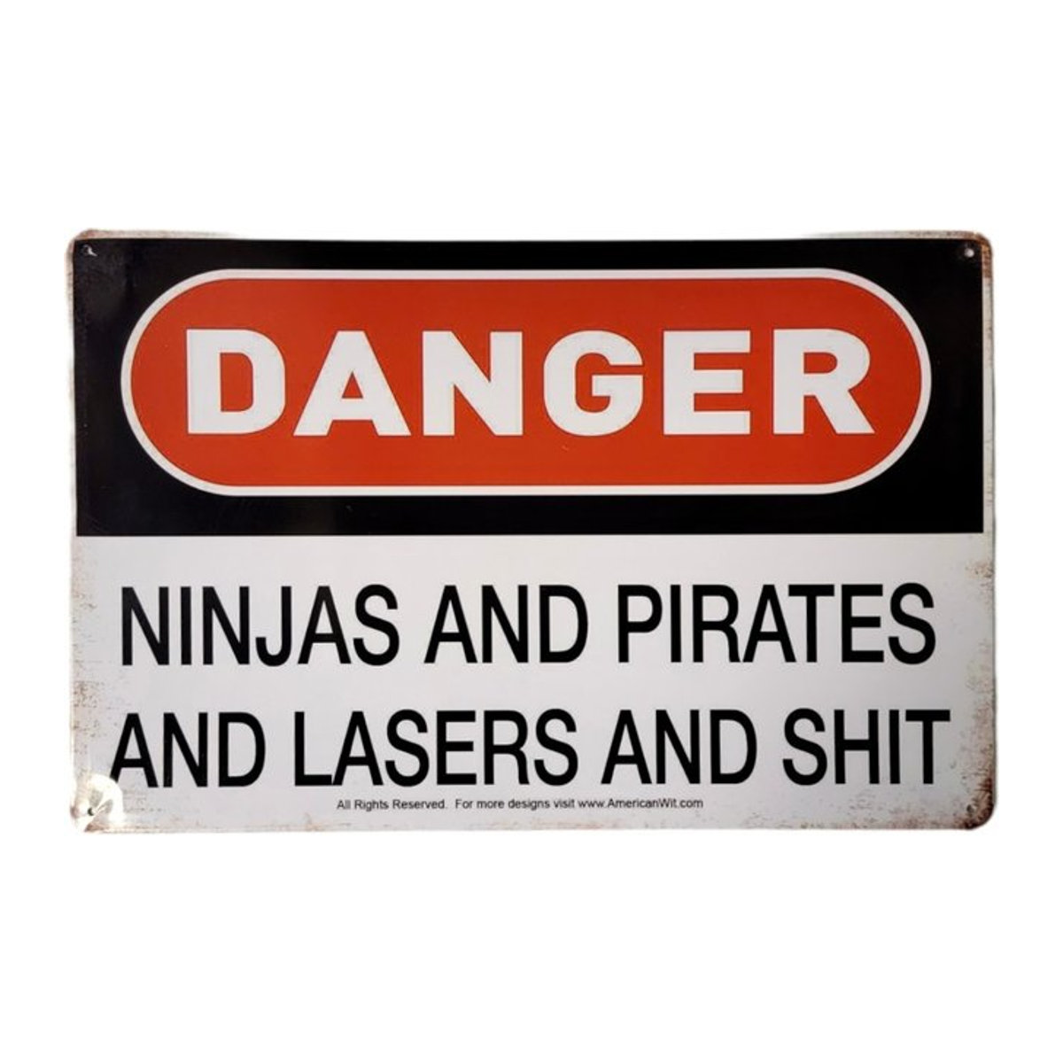 Rustikales Metallschild Danger Ninjas Piraten und Laser in Schwarz/Weiß, B: 30 cm, H: 20 cm - Bild 1