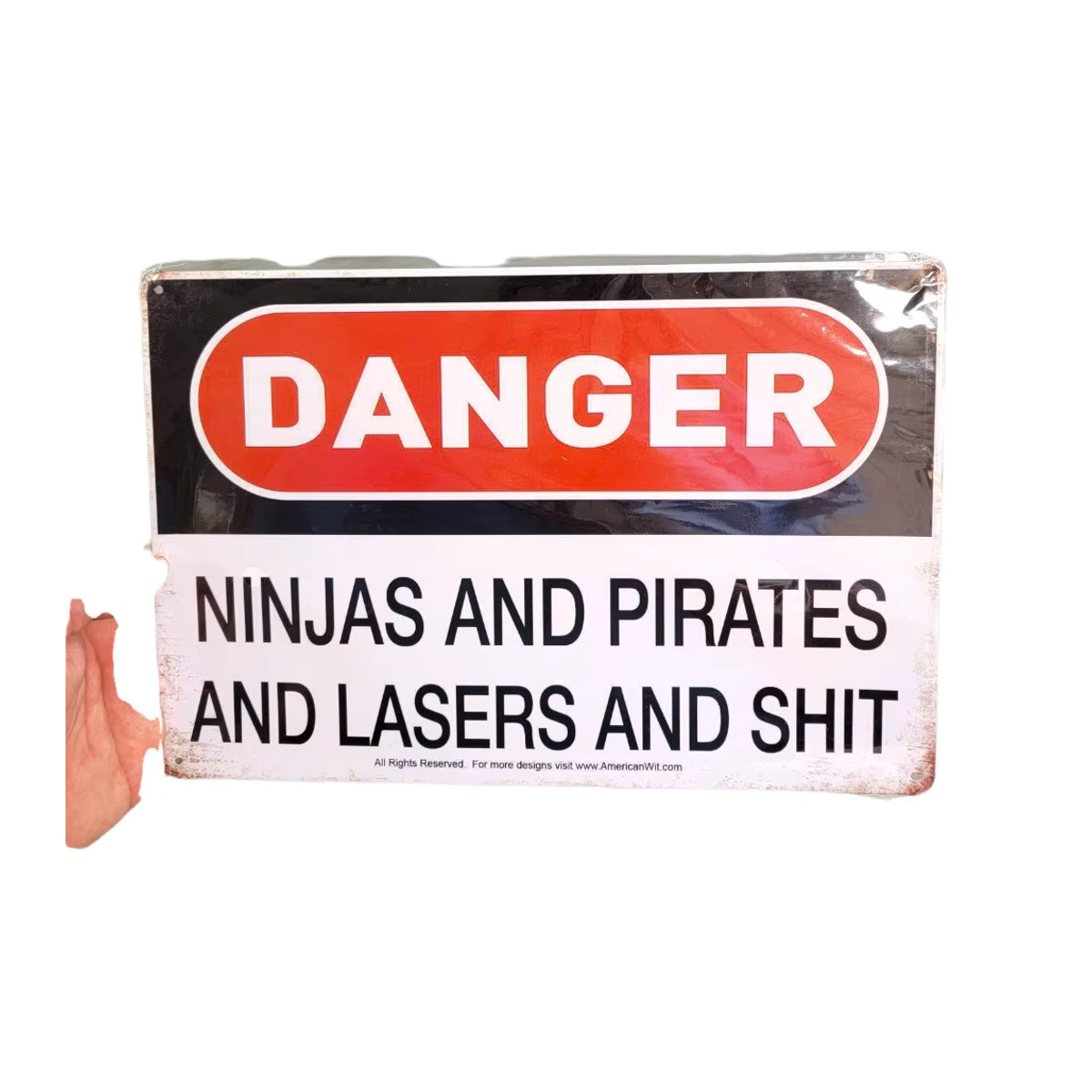 Rustikales Metallschild Danger Ninjas Piraten und Laser in Schwarz/Weiß, B: 30 cm, H: 20 cm - Bild 2