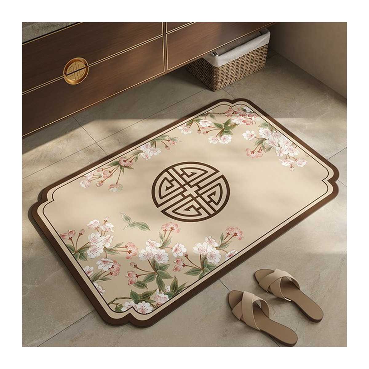 Rutschfeste Badezimmer-Bodenmatte in Beige mit bedrucktem Design - Bild 1