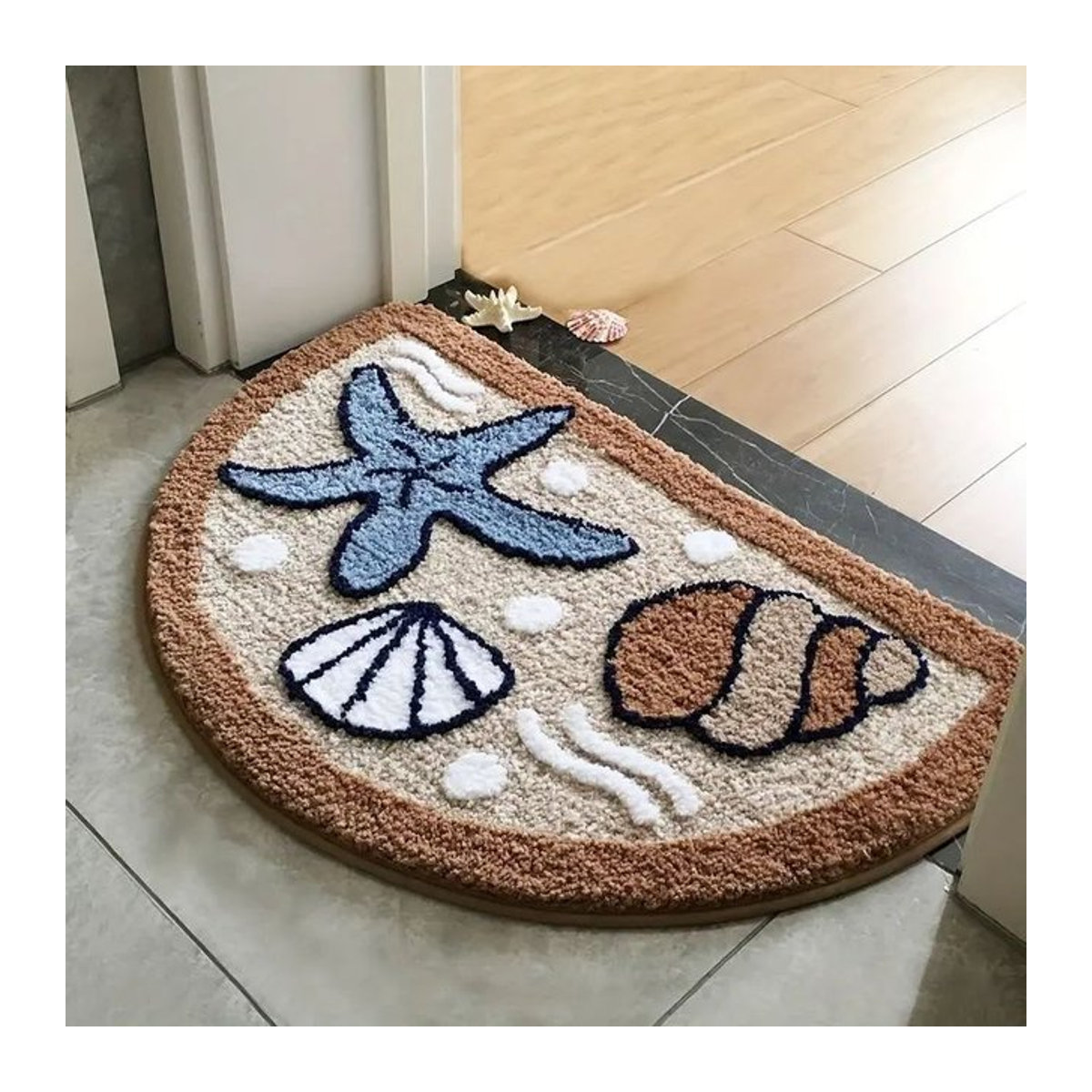 Rutschfeste Badezimmer-Fußmatte im mediterranen Stil, beige und mehrfarbig, halbrund, saugfähig - Bild 1