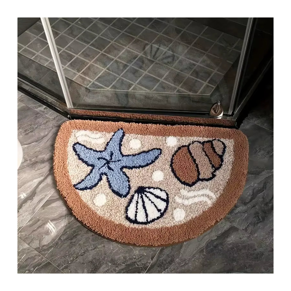 Rutschfeste Badezimmer-Fußmatte im mediterranen Stil, beige und mehrfarbig, halbrund, saugfähig - Bild 3