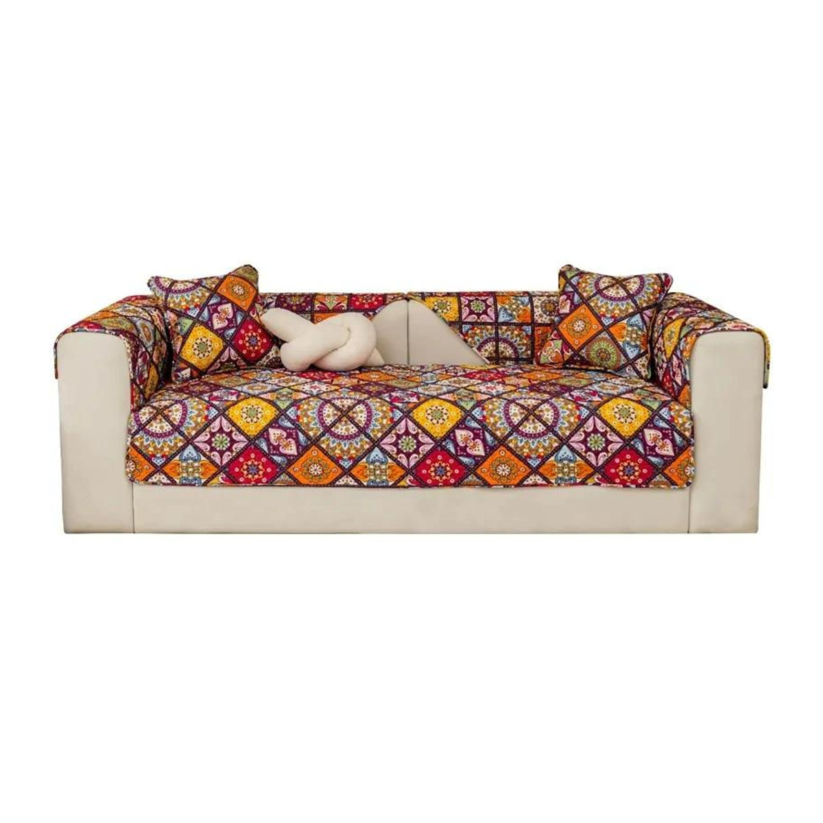 Rutschfeste Sofamatte aus Baumwolle mit böhmischem Blumenmuster und geometrischem Design in Mehrfarbig, B/B: 110 x 110 cm - Bild 4